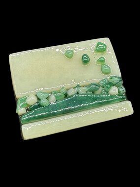 Vintage Artisan made Glass Brooch Cream and Green Chips Rectangle